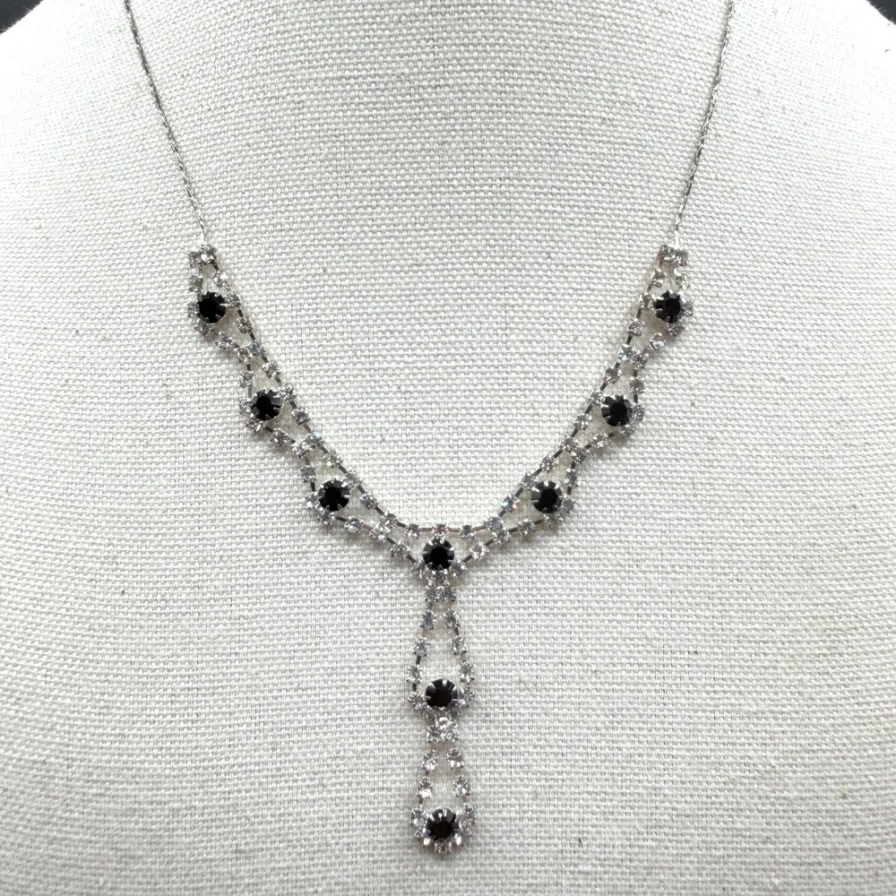 Black Clear Rhinestone Y Drop Silver Tone Necklace Gothic Formal Cocktail Gift